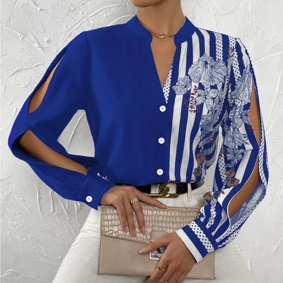 Elegant Striped Floral Print Long Sleeve Button Down Shirt Top Blouse White - Picture 11 of 16